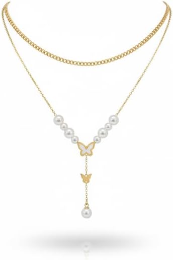 Elegant Pearl Necklace with Butterflies