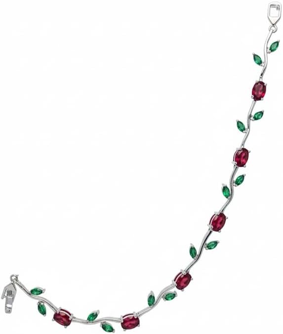 Elegant Stainless Steel Bracelet with Red and Green Gemstones
