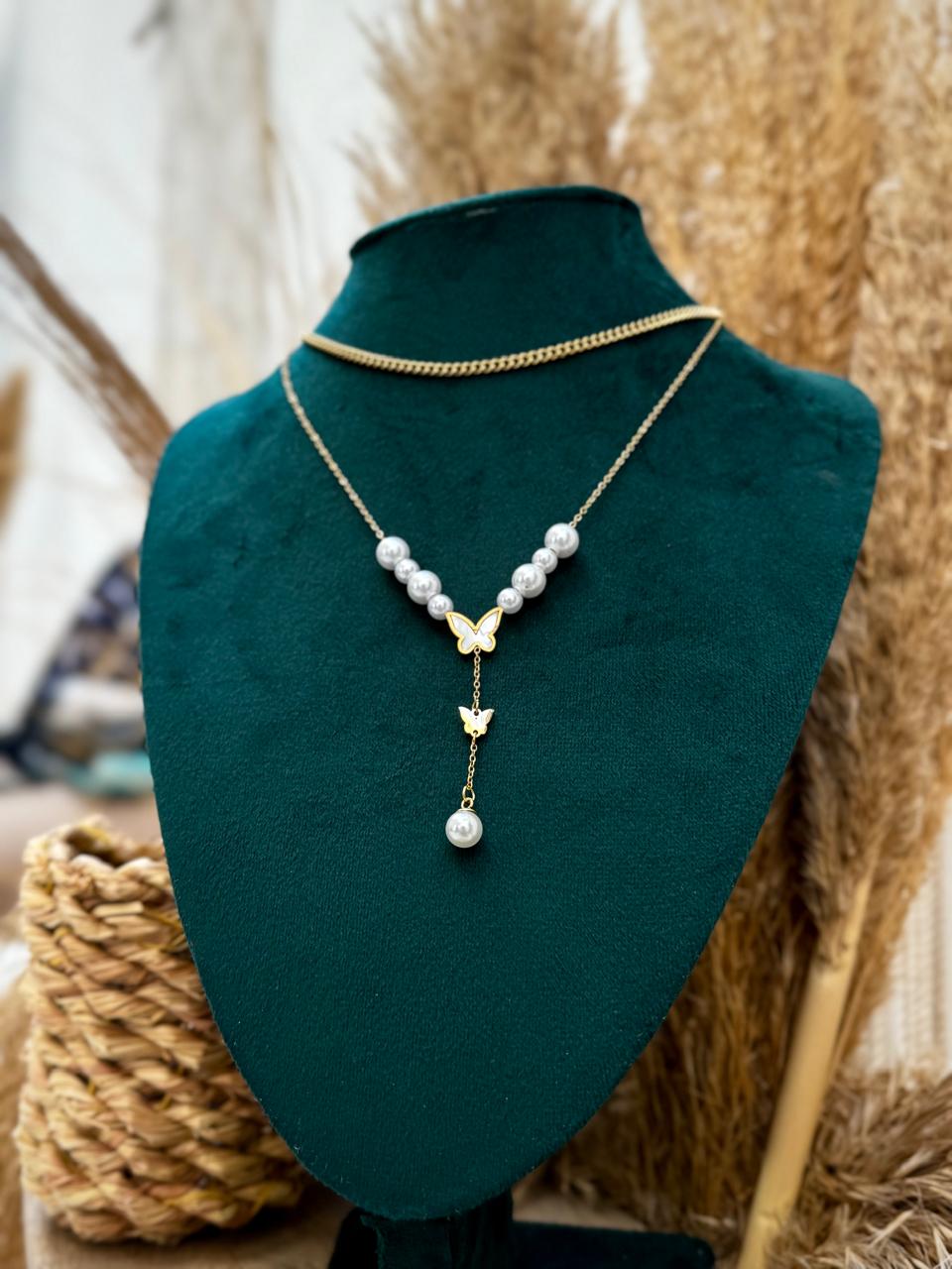 Elegant Pearl Necklace with Butterflies