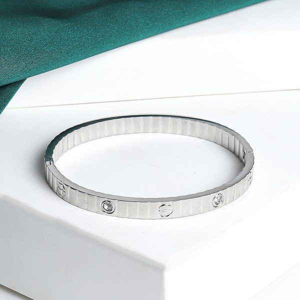 Silver-Tone Classic Bangle Bracelet with Crystal Accents - Image 2